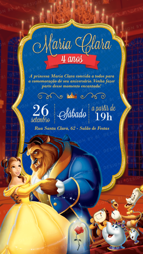 Convite Bela e a Fera Digital Virtual - Design by Bi Infantil
