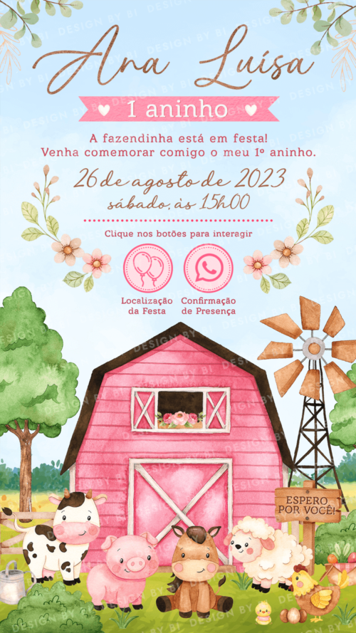 Convite Fazendinha Rosa Menina Interativo Digital Virtual