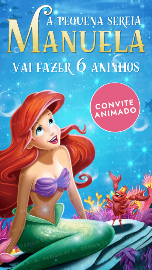 Convite Pequena Sereia Ariel Animado Vídeo Digital Virtual