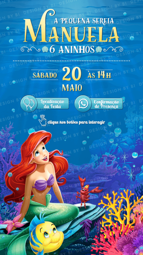 Convite Pequena Sereia Ariel Interativo Digital Virtual