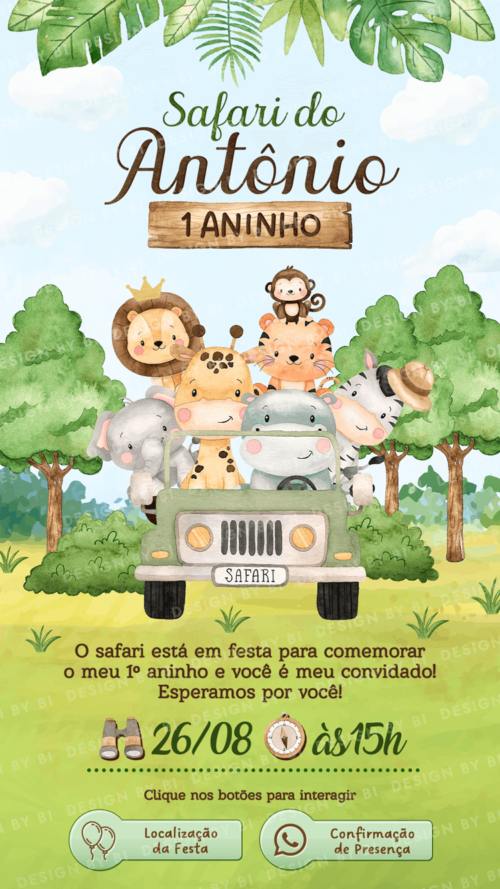 Convite Safari Menino Interativo Digital Virtual