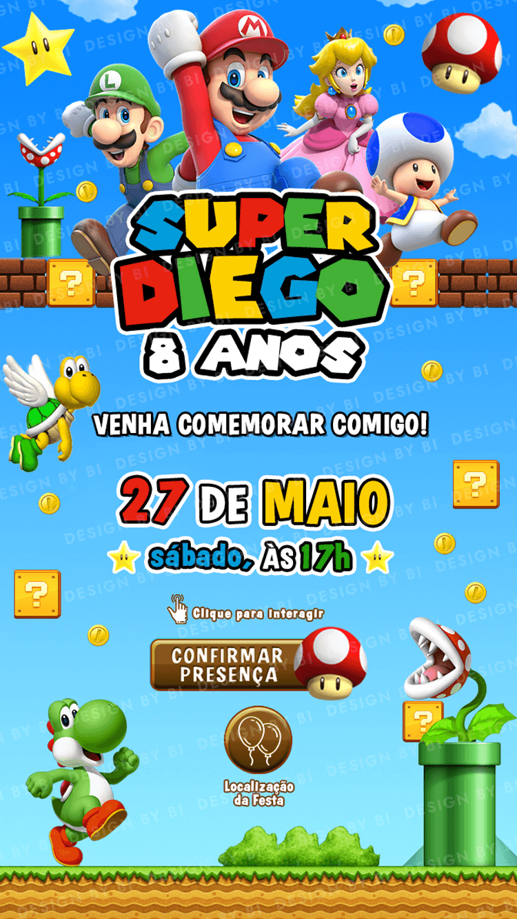 Convite Super Mario Interativo Digital Virtual