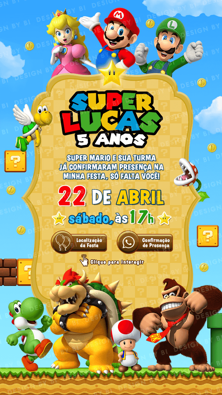 Convite Super Mario Interativo Digital Virtual